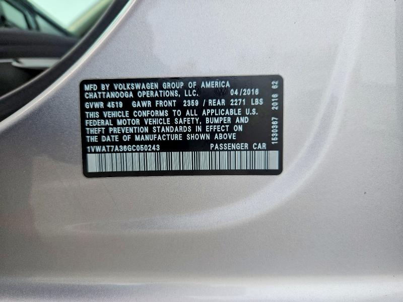 Продажа на аукционе авто 2016 Volkswagen Passat, vin: 1VWAT7A36GC050243, номер лота: 52083316