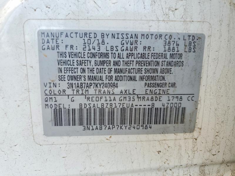 2019 Nissan Sentra მანქანა იყიდება აუქციონზე, vin: 3N1AB7AP7KY240984, აუქციონის ნომერი: 54224236