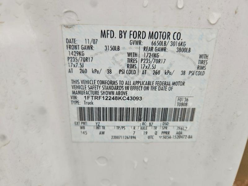 52058326 :رقم المزاد ، 1FTRF12248KC43093 vin ، 2008 Ford F150 مزاد بيع