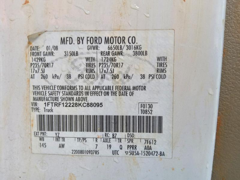 2008 Ford F150 მანქანა იყიდება აუქციონზე, vin: 1FTRF12228KC88095, აუქციონის ნომერი: 51843036