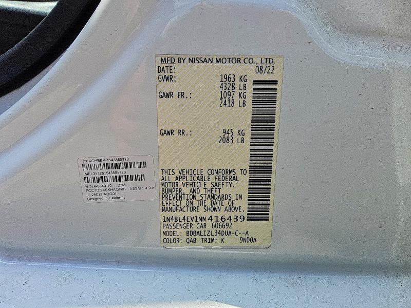 Aukcja sprzedaży 2022 Nissan Altima, vin: 1N4BL4EV1NN416439, numer aukcji: 54799666