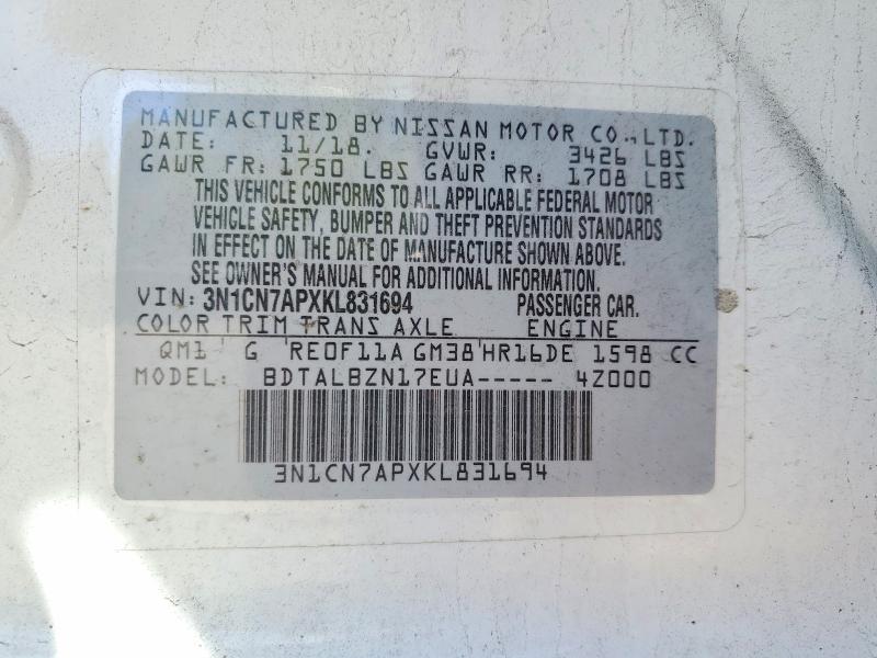 53011666 :رقم المزاد ، 3N1CN7APXKL831694 vin ، 2019 Nissan Versa مزاد بيع