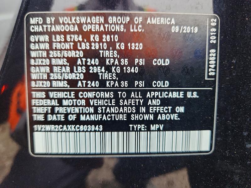 54720676 :رقم المزاد ، 1V2WR2CAXKC603943 vin ، 2019 Volkswagen Atlas مزاد بيع