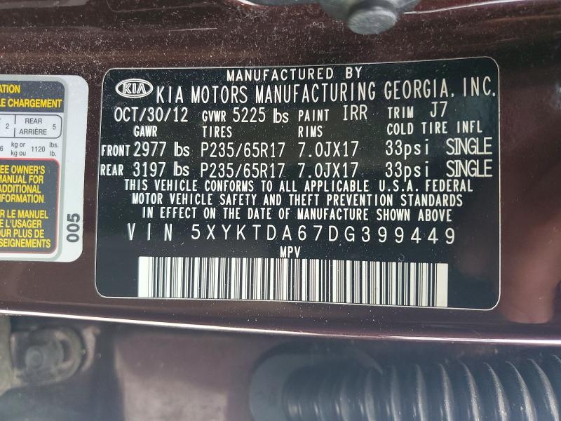 Aukcja sprzedaży 2013 Kia Sorento, vin: 5XYKTDA67DG399449, numer aukcji: 51542676