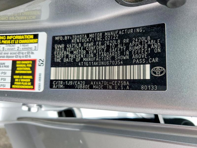 Aukcja sprzedaży 2022 Toyota Camry, vin: 4T1G11AK0NU670354, numer aukcji: 52231376