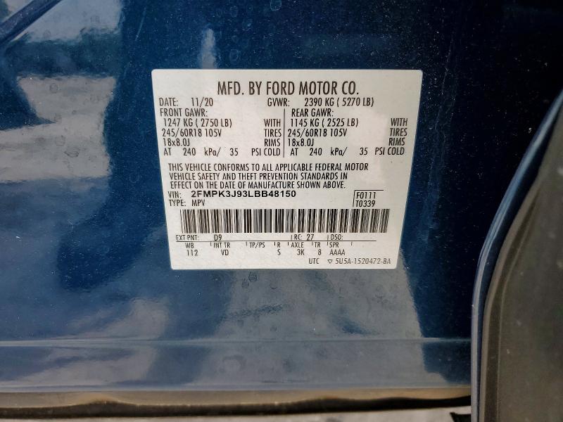 52859316 :رقم المزاد ، 2FMPK3J93LBB48150 vin ، 2020 Ford Edge مزاد بيع