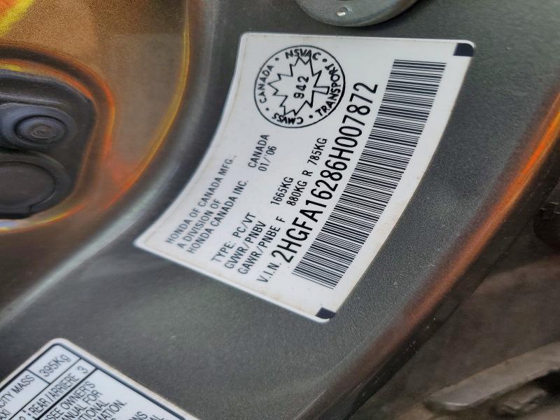 2006 Honda Civic მანქანა იყიდება აუქციონზე, vin: 2HGFA16286H007872, აუქციონის ნომერი: 53652416