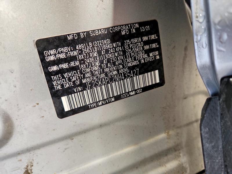 52855326 :رقم المزاد ، JF2SKAPC2NH435427 vin ، 2022 Subaru Forester مزاد بيع