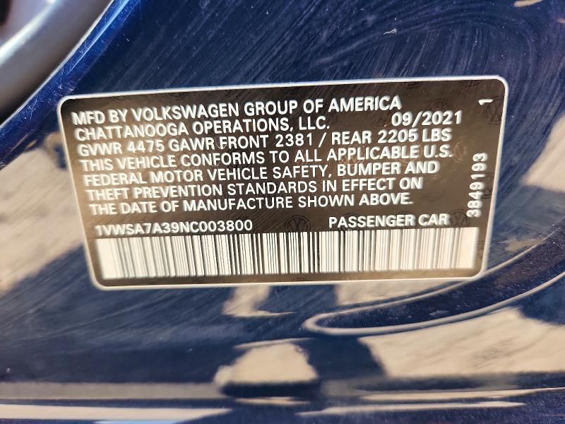 51404466 :رقم المزاد ، 1VWSA7A39NC003800 vin ، 2022 Volkswagen Passat مزاد بيع