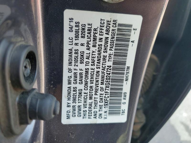 Продаж на аукціоні авто 2016 Honda Civic, vin: 19XFC1F7XGE024724, номер лоту: 52743596