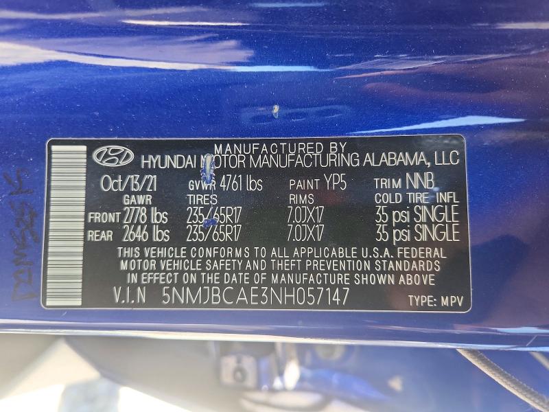 2022 Hyundai Tucson მანქანა იყიდება აუქციონზე, vin: 5NMJBCAE3NH057147, აუქციონის ნომერი: 53095866
