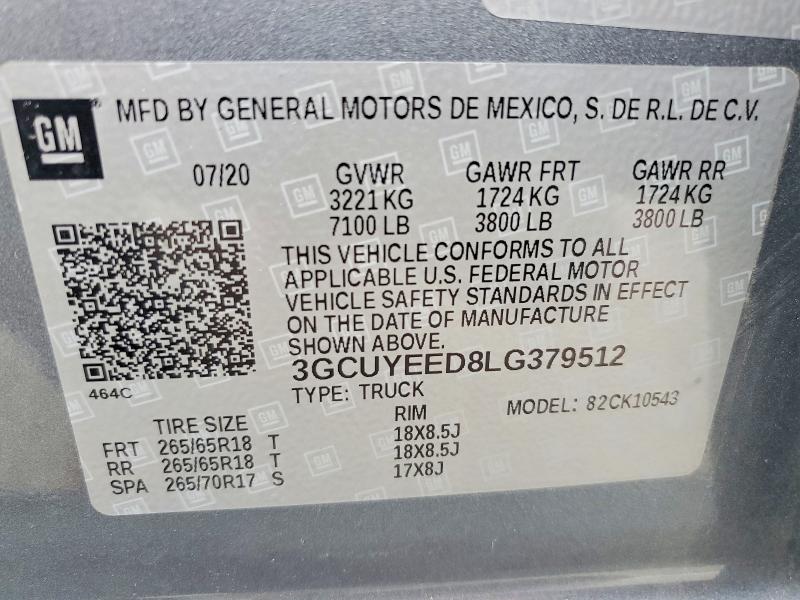 Продаж на аукціоні авто 2020 Chevrolet Silverado, vin: 3GCUYEED8LG379512, номер лоту: 52412496