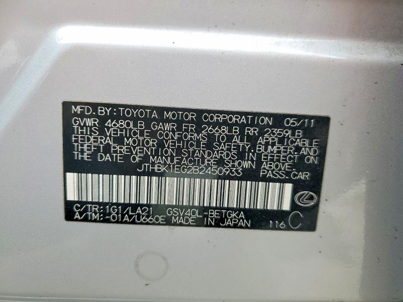 Aukcja sprzedaży 2011 Lexus Es, vin: JTHBK1EG2B2450933, numer aukcji: 52195846