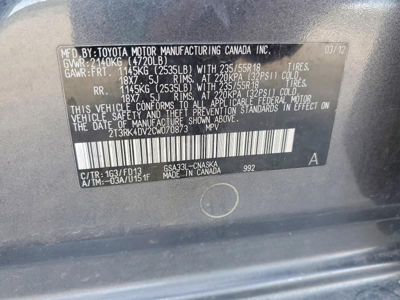 52853736 :رقم المزاد ، 2T3RK4DV2CW070873 vin ، 2012 Toyota Rav4 مزاد بيع