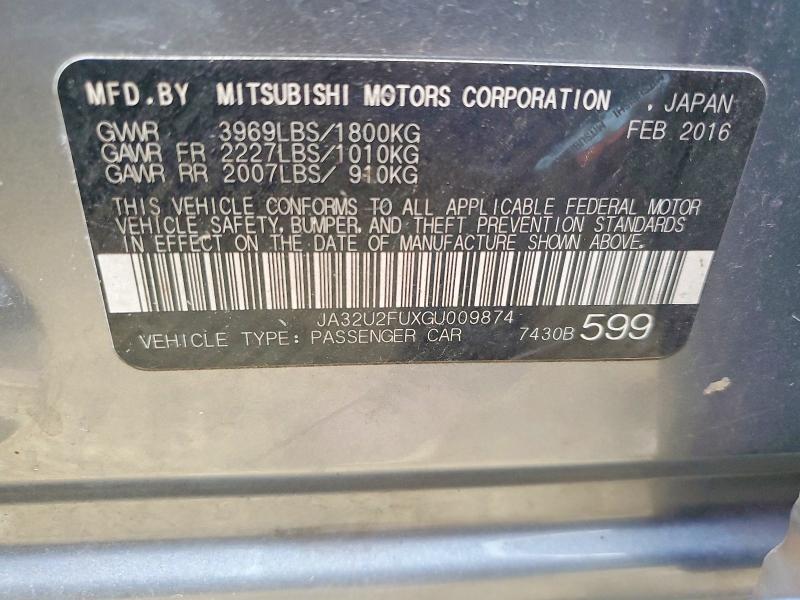 2016 Mitsubishi Lancer მანქანა იყიდება აუქციონზე, vin: JA32U2FUXGU009874, აუქციონის ნომერი: 52829466