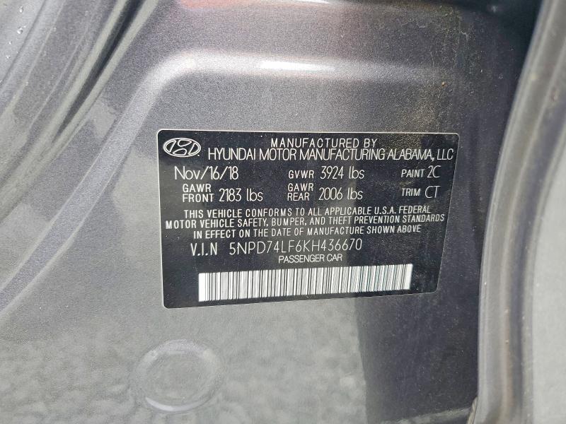 54827256 :رقم المزاد ، 5NPD74LF6KH436670 vin ، 2019 Hyundai Elantra مزاد بيع