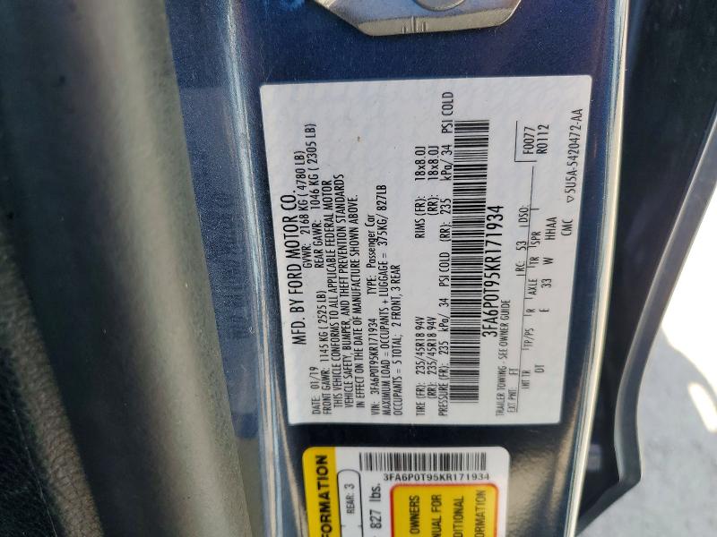 Aukcja sprzedaży 2019 Ford Fusion, vin: 3FA6P0T95KR171934, numer aukcji: 53163116