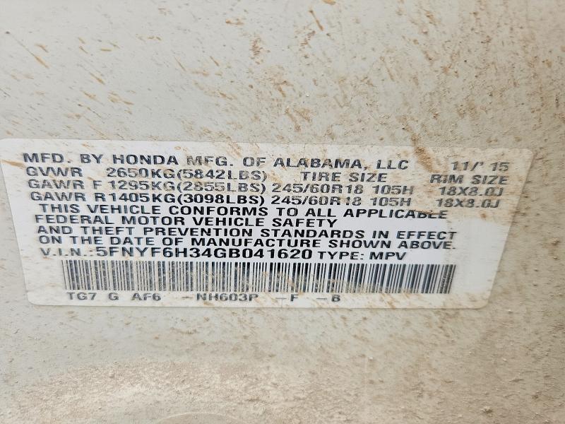 Продаж на аукціоні авто 2016 Honda Pilot, vin: 5FNYF6H34GB041620, номер лоту: 51841646