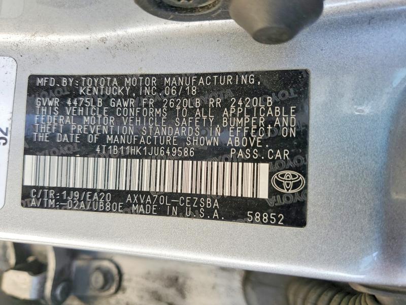 Продаж на аукціоні авто 2018 Toyota Camry, vin: 4T1B11HK1JU649586, номер лоту: 54278976
