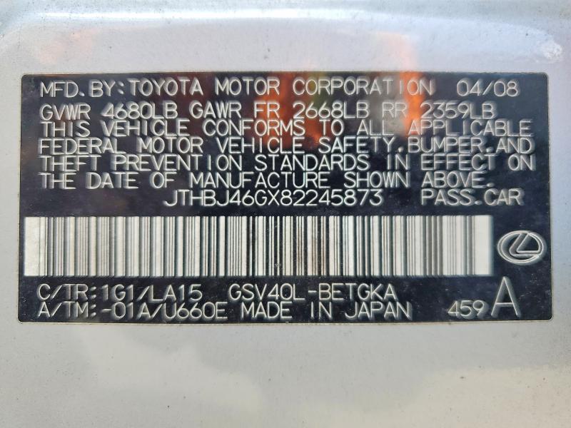 Продажа на аукционе авто 2008 Lexus Es, vin: JTHBJ46GX82245873, номер лота: 53702486