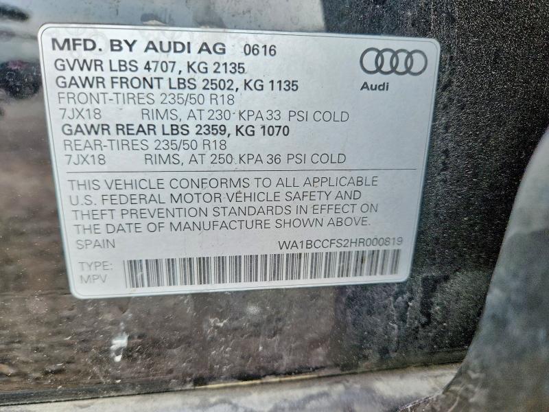 Aukcja sprzedaży 2017 Audi Q3, vin: WA1BCCFS2HR000819, numer aukcji: 52669216