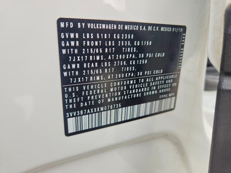 2019 Volkswagen Tiguan მანქანა იყიდება აუქციონზე, vin: 3VV3B7AXXKM078735, აუქციონის ნომერი: 54398646