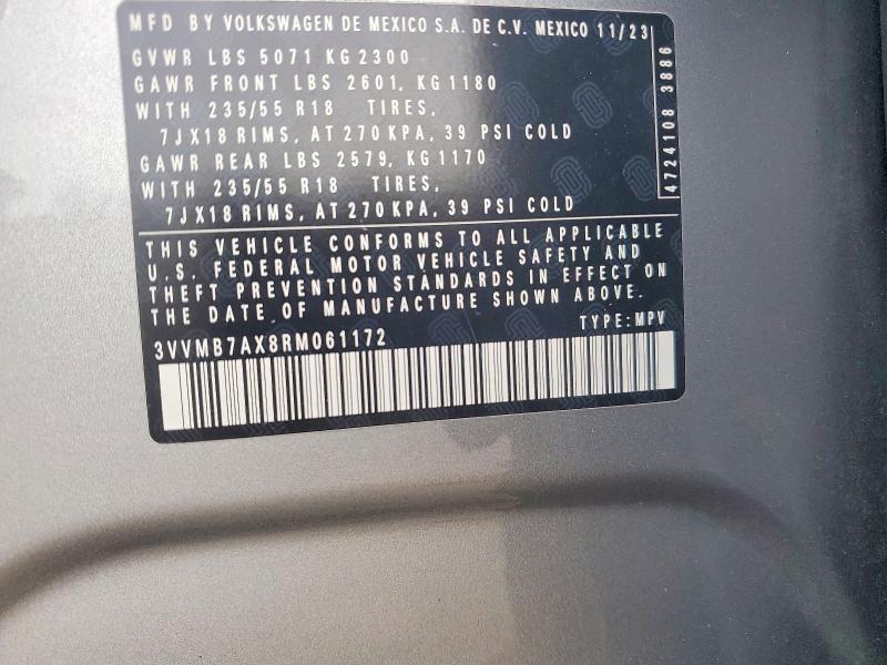 Aukcja sprzedaży 2024 Volkswagen Tiguan, vin: 3VVMB7AX8RM061172, numer aukcji: 53481206