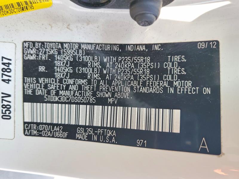 2013 Toyota Sienna მანქანა იყიდება აუქციონზე, vin: 5TDDK3DC7DS050785, აუქციონის ნომერი: 54064966