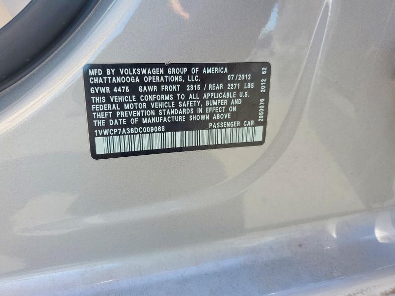 2013 Volkswagen Passat მანქანა იყიდება აუქციონზე, vin: 1VWCP7A36DC009068, აუქციონის ნომერი: 52958646