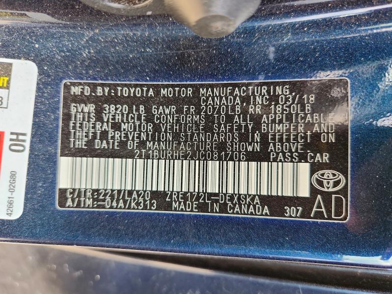 52430466 :رقم المزاد ، 2T1BURHE2JC081706 vin ، 2018 Toyota Corolla مزاد بيع