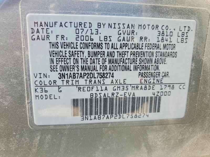 53037956 :رقم المزاد ، 3N1AB7AP2DL758274 vin ، 2013 Nissan Sentra مزاد بيع