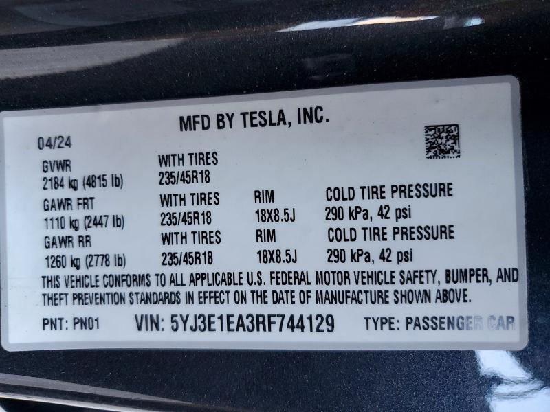 Продаж на аукціоні авто 2024 Tesla Model 3, vin: 5YJ3E1EA3RF744129, номер лоту: 53976556