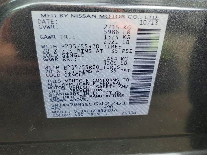 2014 Nissan Pathfinder მანქანა იყიდება აუქციონზე, vin: 5N1AR2MN5EC642761, აუქციონის ნომერი: 54273656