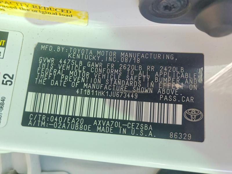 Aukcja sprzedaży 2018 Toyota Camry, vin: 4T1B11HK1JU673449, numer aukcji: 52076846