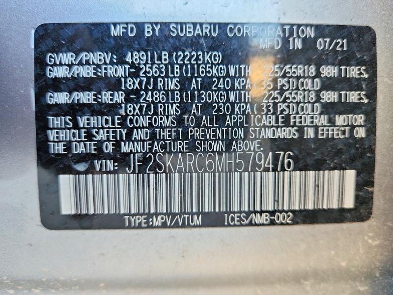 Aukcja sprzedaży 2021 Subaru Forester, vin: JF2SKARC6MH579476, numer aukcji: 52913176