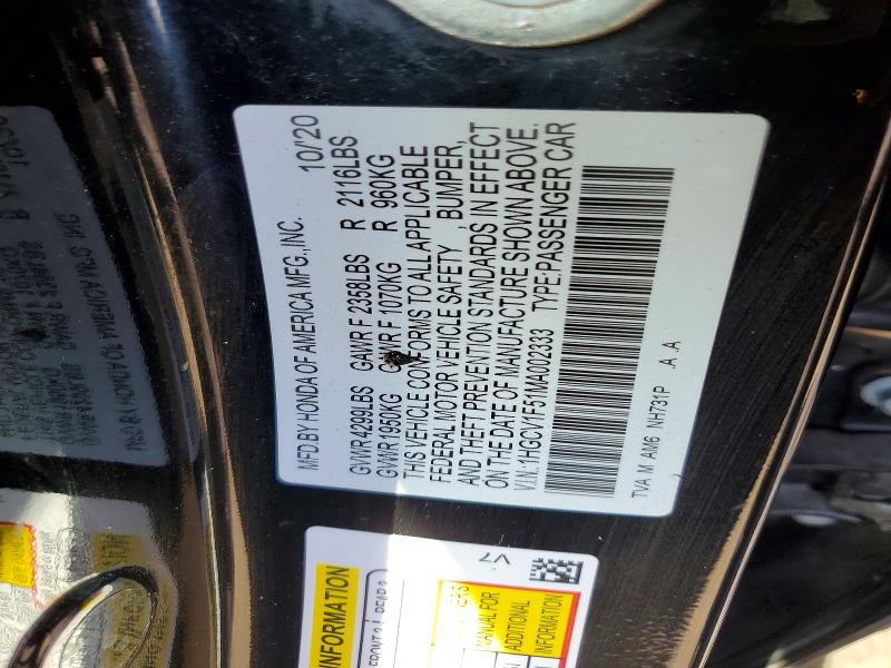 2021 Honda Accord მანქანა იყიდება აუქციონზე, vin: 1HGCV1F51MA002333, აუქციონის ნომერი: 54856326