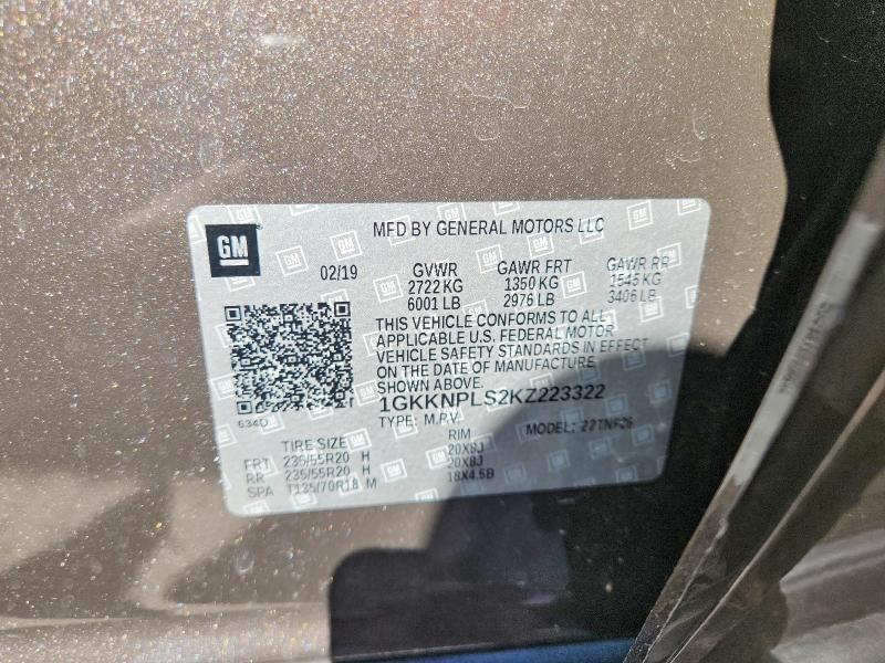 52384356 :رقم المزاد ، 1GKKNPLS2KZ223322 vin ، 2019 Gmc Acadia مزاد بيع
