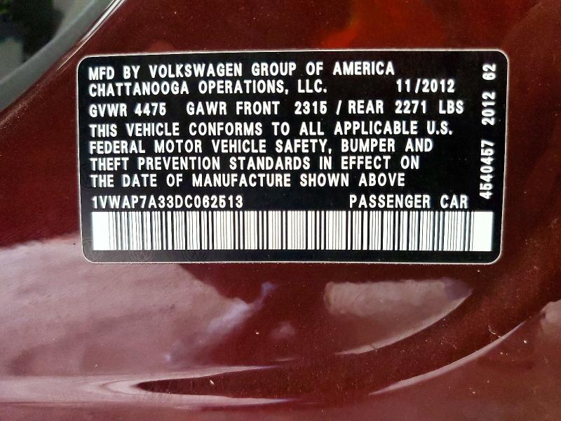 2013 Volkswagen Passat მანქანა იყიდება აუქციონზე, vin: 1VWAP7A33DC062513, აუქციონის ნომერი: 54785186