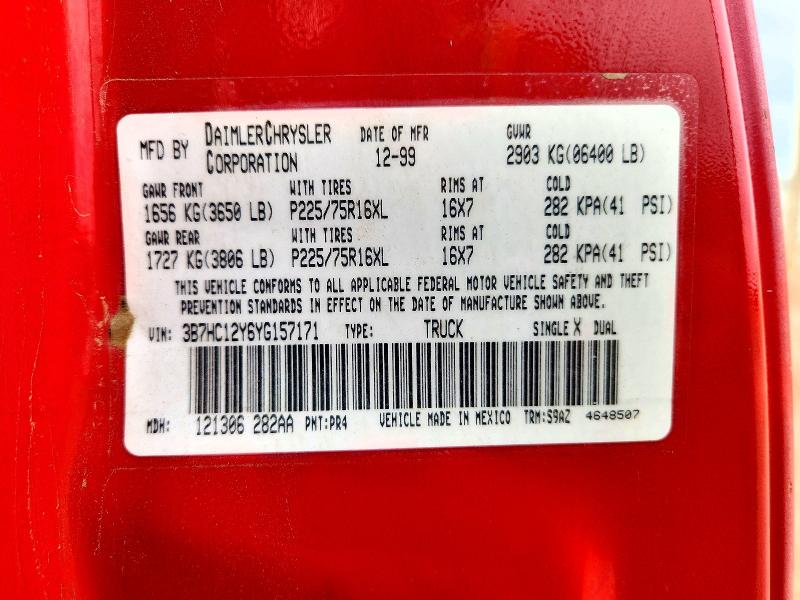 54547316 :رقم المزاد ، 3B7HC12Y6YG157171 vin ، 2000 Dodge Ram 1500 مزاد بيع