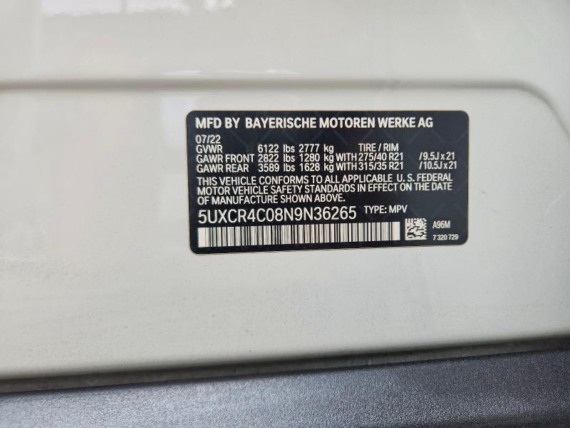 55458296 :رقم المزاد ، 5UXCR4C08N9N36265 vin ، 2022 Bmw X5 مزاد بيع
