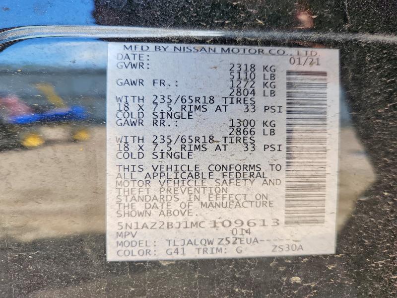 51962346 :رقم المزاد ، 5N1AZ2BJ1MC109613 vin ، 2021 Nissan Murano مزاد بيع