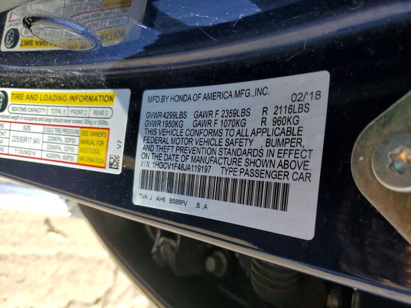 2018 Honda Accord მანქანა იყიდება აუქციონზე, vin: 1HGCV1F48JA119197, აუქციონის ნომერი: 54070926