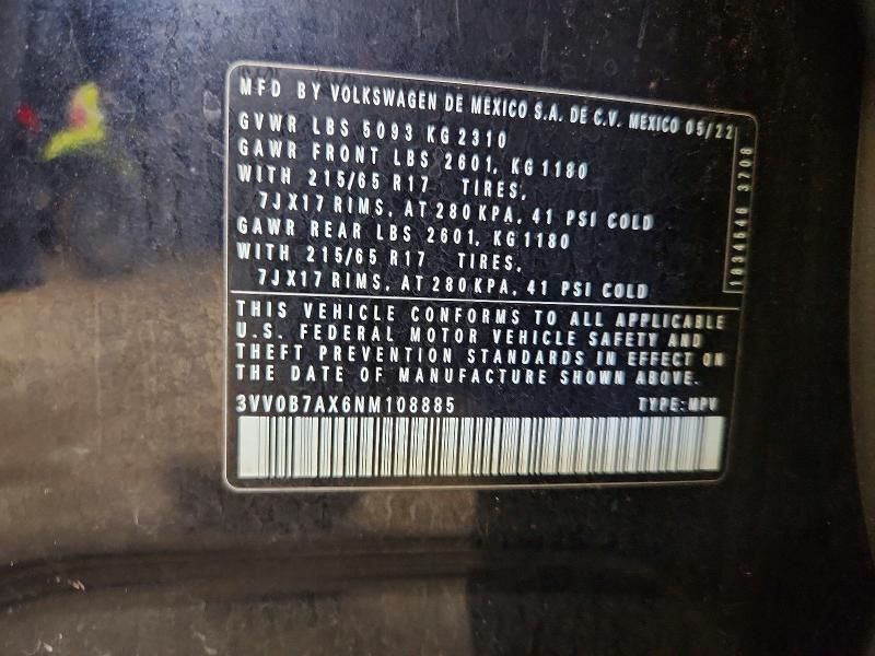 55387926 :رقم المزاد ، 3VV0B7AX6NM108885 vin ، 2022 Volkswagen Tiguan مزاد بيع