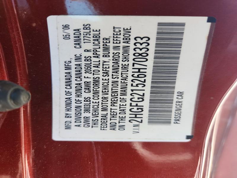 Aukcja sprzedaży 2006 Honda Civic, vin: 2HGFG21526H708333, numer aukcji: 54354326