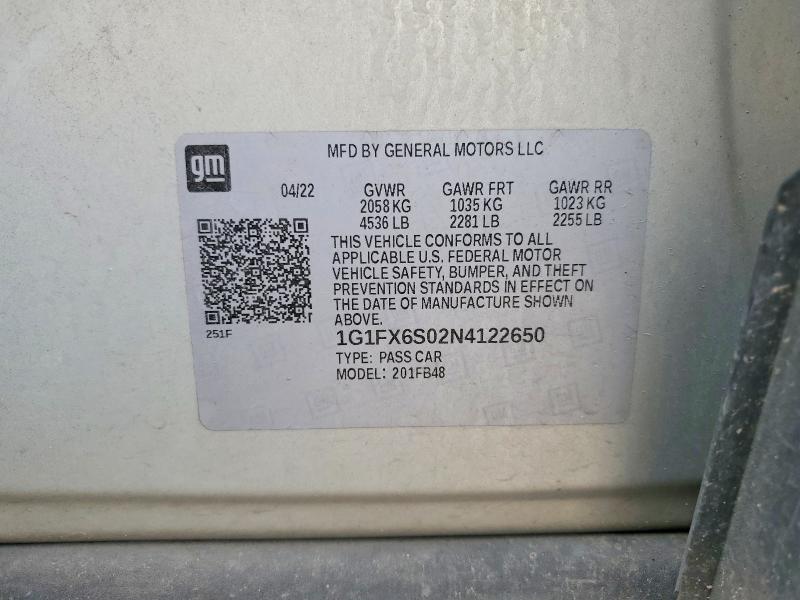 53783396 :رقم المزاد ، 1G1FX6S02N4122650 vin ، 2022 Chevrolet Bolt Ev مزاد بيع