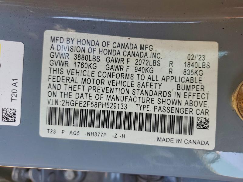 2023 Honda Civic მანქანა იყიდება აუქციონზე, vin: 2HGFE2F58PH529133, აუქციონის ნომერი: 51912046