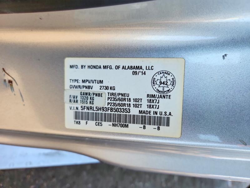 Aukcja sprzedaży 2015 Honda Odyssey, vin: 5FNRL5H93FB503353, numer aukcji: 52212306