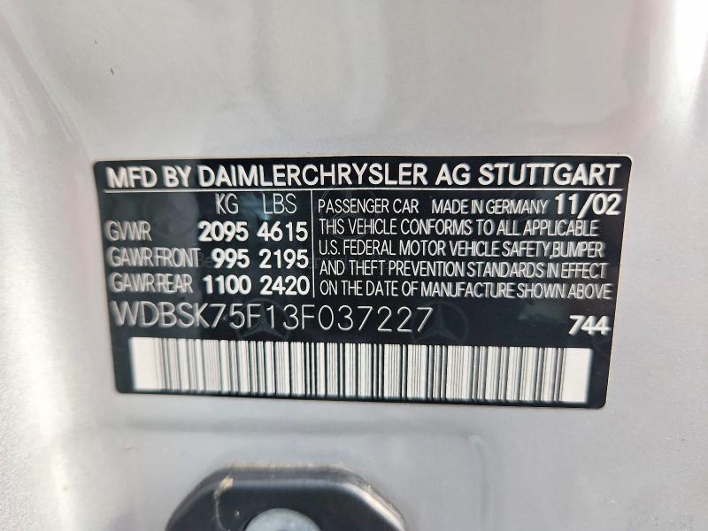Aukcja sprzedaży 2003 Mercedes-benz Sl, vin: WDBSK75F13F037227, numer aukcji: 54915896