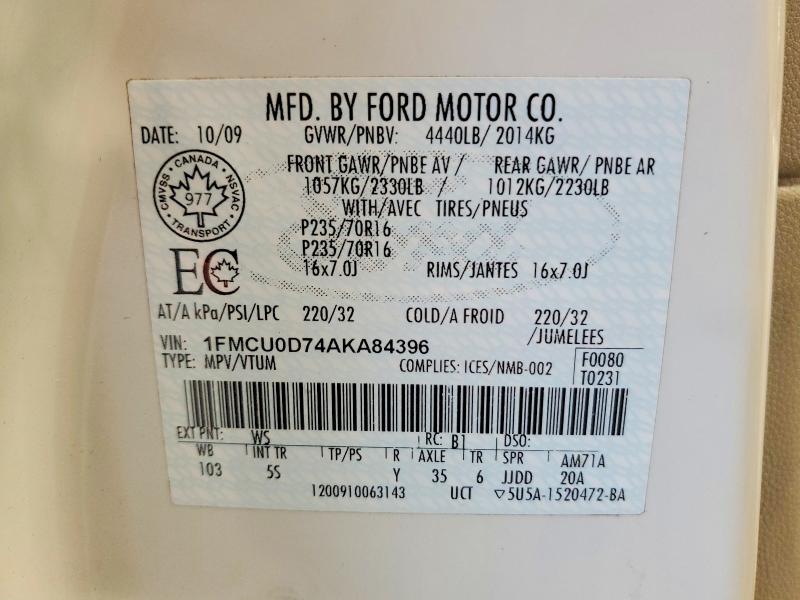 Продаж на аукціоні авто 2010 Ford Escape, vin: 1FMCU0D74AKA84396, номер лоту: 52810516