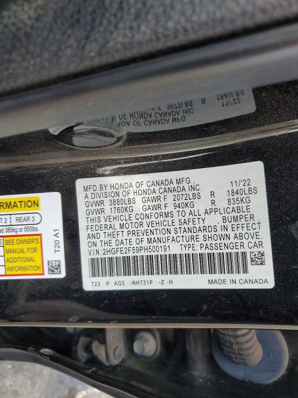 Aukcja sprzedaży 2023 Honda Civic, vin: 2HGFE2F59PH500191, numer aukcji: 52915446